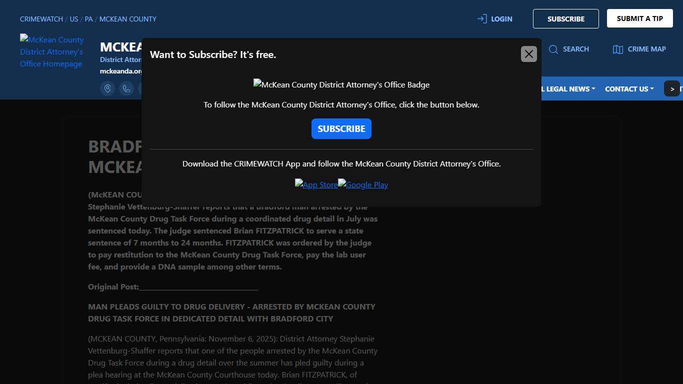 BRADFORD MAN SENT TO STATE PRISON FOLLOWING MCKEAN COUNTY DRUG TASK FORCE ARREST McKean County District Attorney's Office